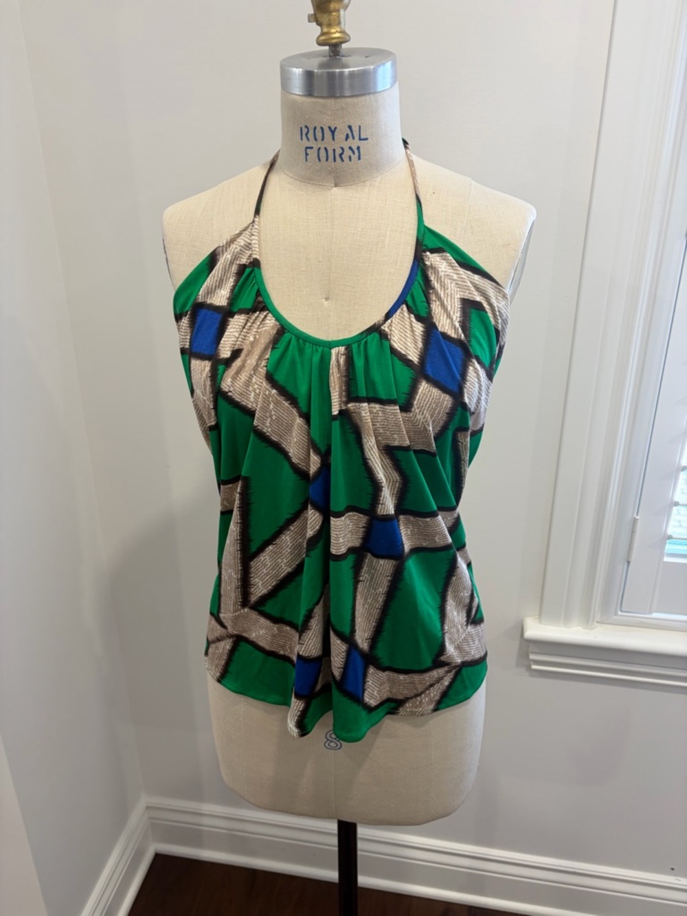 Diane Von Furstenberg Green Geometric Halter Camisole with Blue & Cream Accents